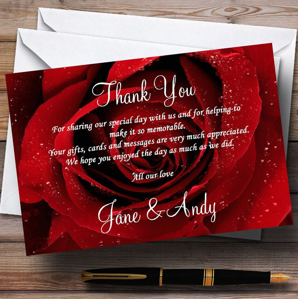 Deep Red Wet Rose Personalized Wedding Thank You Cards