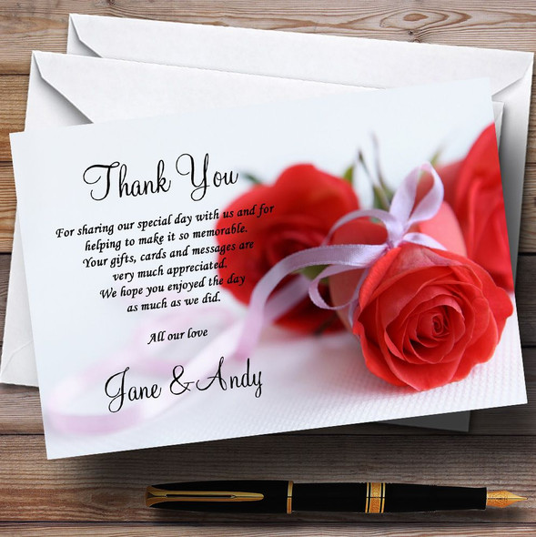 Red Rose & White Ribbon Personalized Wedding Thank You Cards