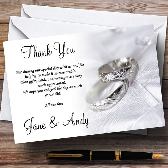Classy White And Silver Rings Personalized Wedding Thank You Cards