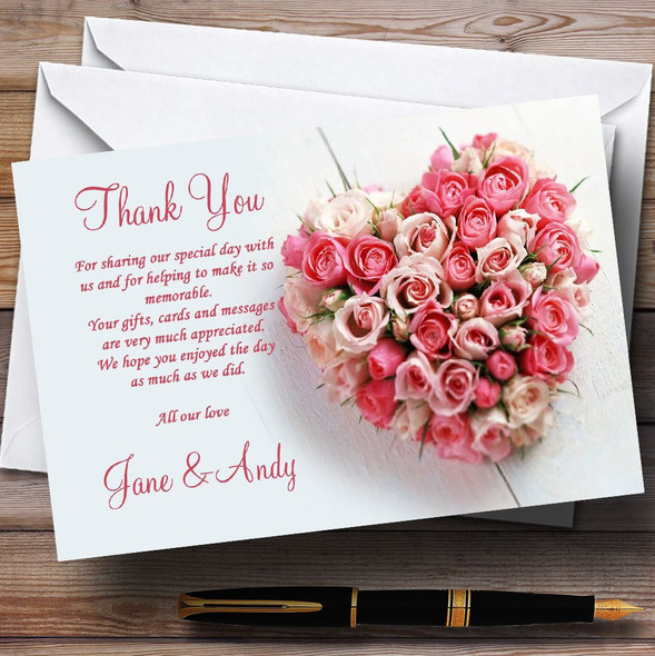 Pink Heart Roses Personalized Wedding Thank You Cards