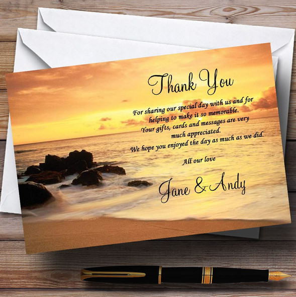 Beautiful Sunset Beach Jetting Off Abroad Personalized Wedding Thank You Cards