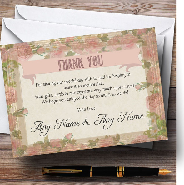 Shabby Chic Vintage Pink Rose Old Frame Personalized Wedding Thank You Cards