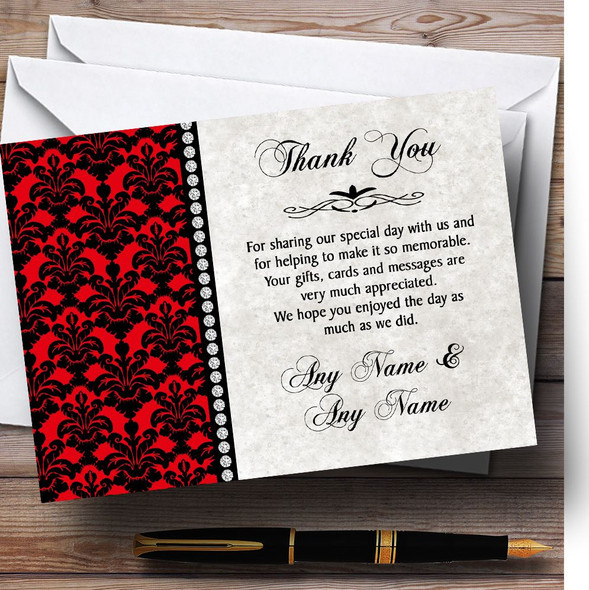 Deep Red Black Damask & Diamond Personalized Wedding Thank You Cards