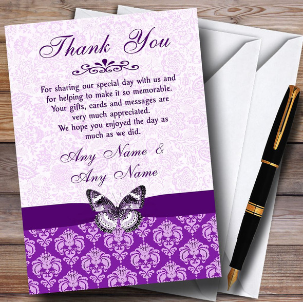 Cadbury Purple Vintage Floral Damask Butterfly Personalized Wedding Thank You Cards