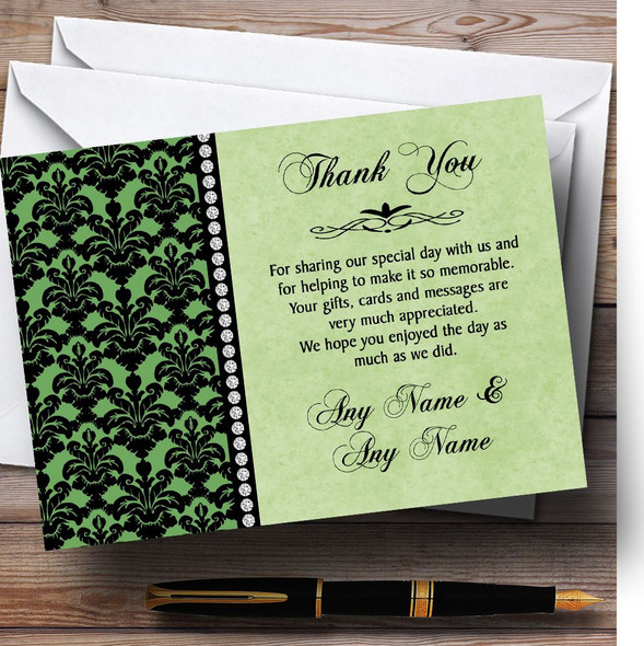 Green Black Damask & Diamond Personalized Wedding Thank You Cards