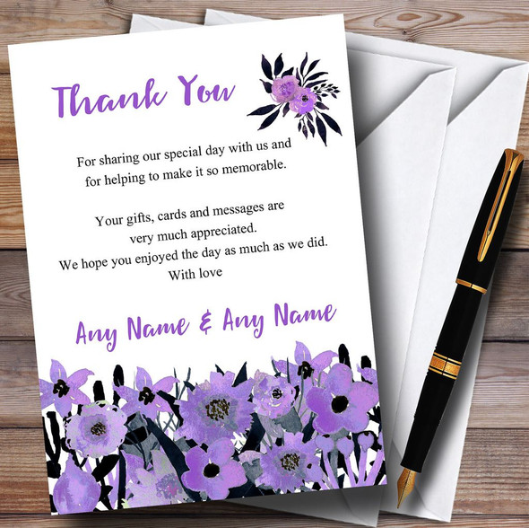 Black & Purple Watercolour Flowers Personalized Wedding Thank You Cards