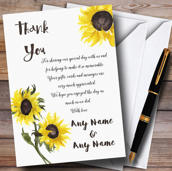 Stunning Watercolour Sunflower Personalized Wedding Thank You Cards