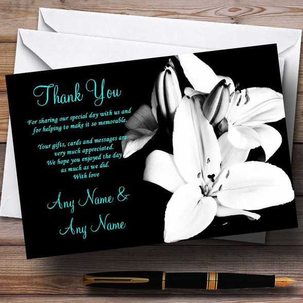 Stunning Lily Black White Turquoise Personalized Wedding Thank You Cards