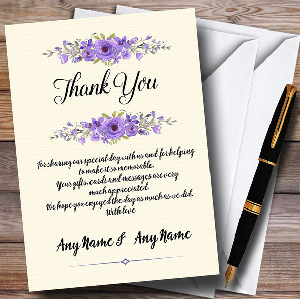 Watercolour Purple Floral Rustic Personalized Wedding Thank You Cards