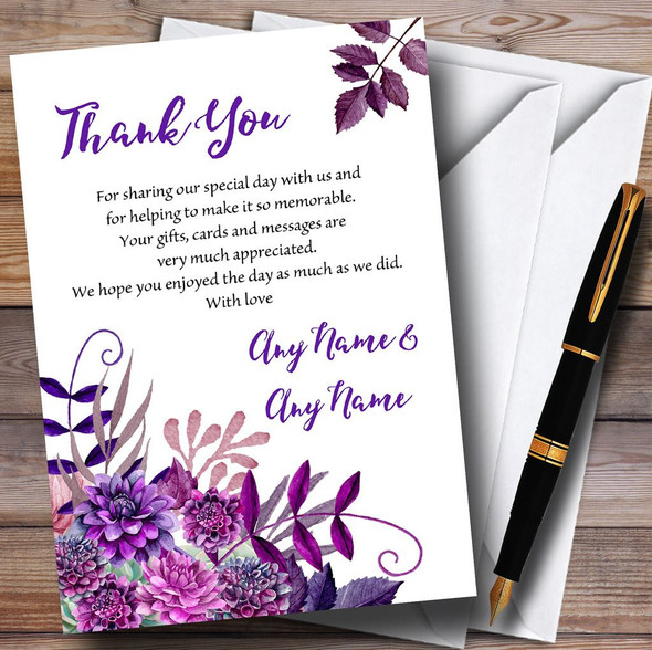 Cadbury Purple Watercolour Florals Personalized Wedding Thank You Cards