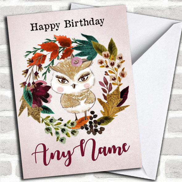Owl Autumn Wreath Personalized Birthday Card