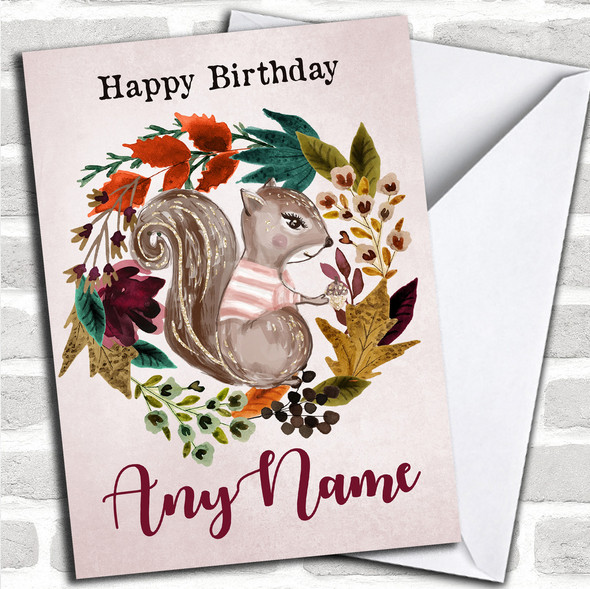 Squirrel Autumn Wreath Personalized Birthday Card