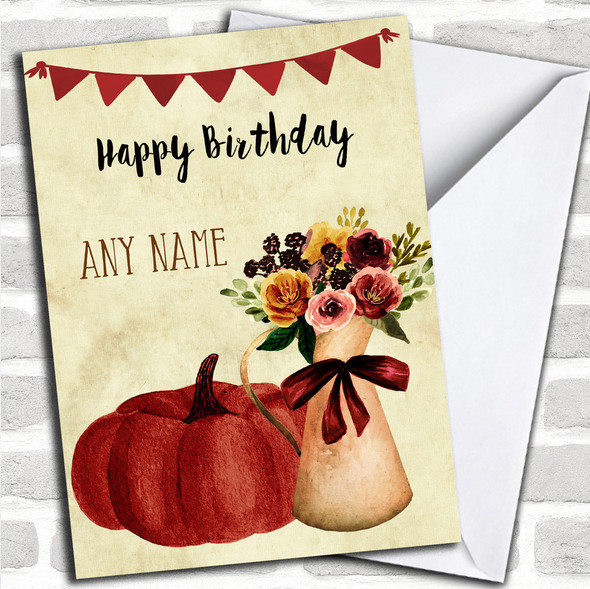Pumpkin & Flowers Personalized Birthday Card
