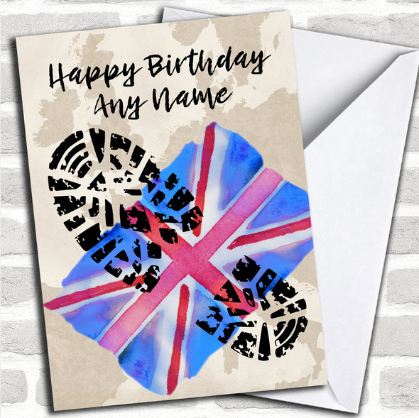 Military Boot Print & Union Jack UK Flag Personalized Birthday Card