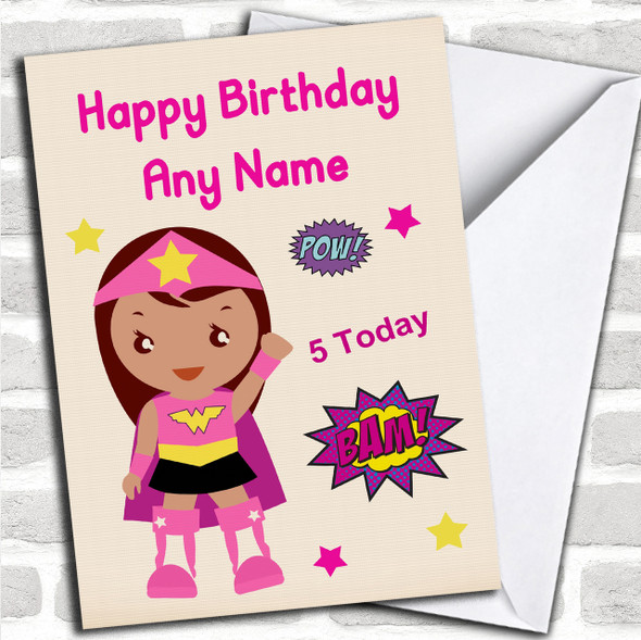 Superhero Pink Girl Any Age Personalized Children's Birthday Card