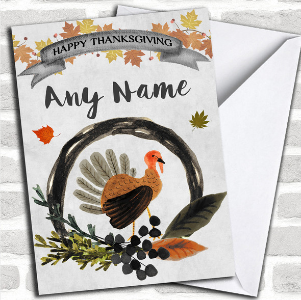 Grey Watercolour Fall Turkey Personalized Thanksgiving Card