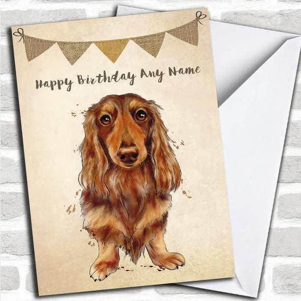 Vintage Burlap Bunting Dog Long Haired Dachshund Personalized Birthday Card