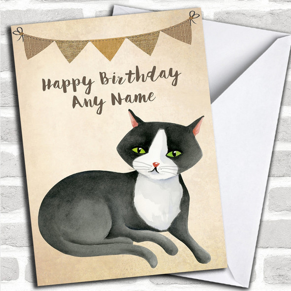 Vintage Burlap Bunting Black & White Cat Personalized Birthday Card