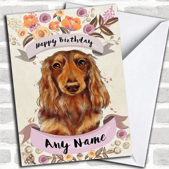 Rustic Gold Dog Long Haired Dachshund Personalized Birthday Card