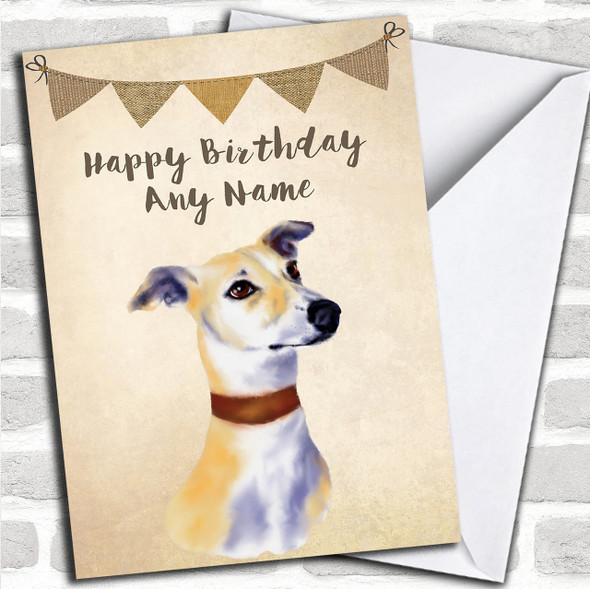 Vintage Burlap Bunting Dog Lurcher Personalized Birthday Card