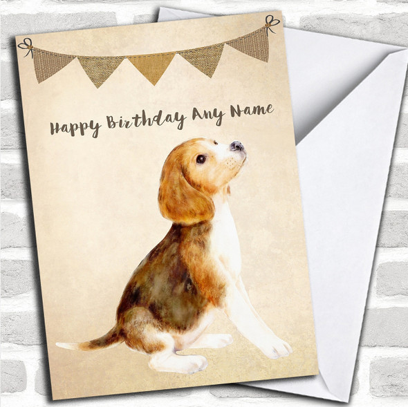 Vintage Burlap Bunting Dog Beagle Personalized Birthday Card