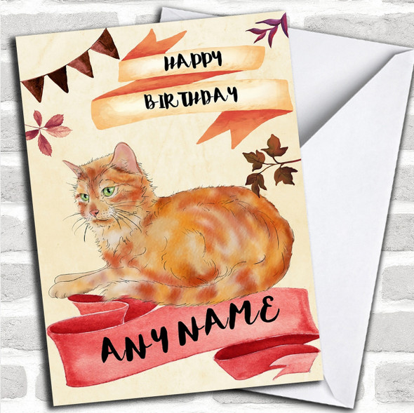 Watercolour Rustic Ginger Cat Personalized Birthday Card