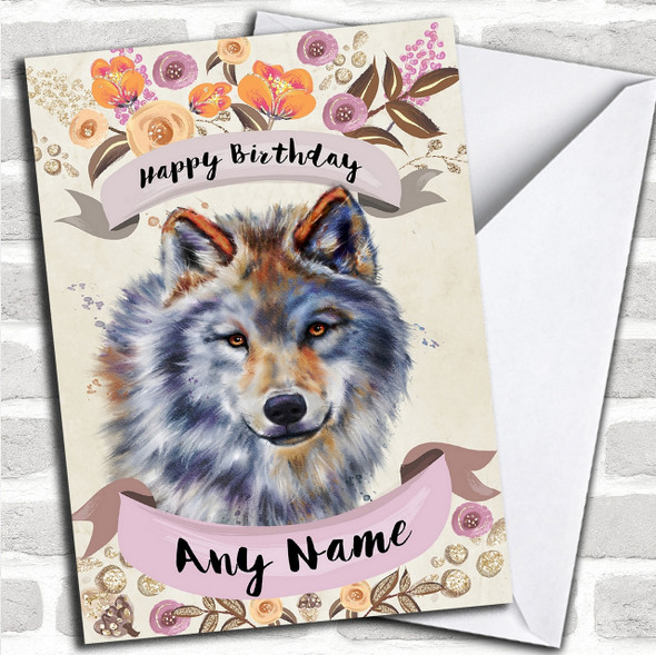 Rustic Gold Wolf Personalized Birthday Card