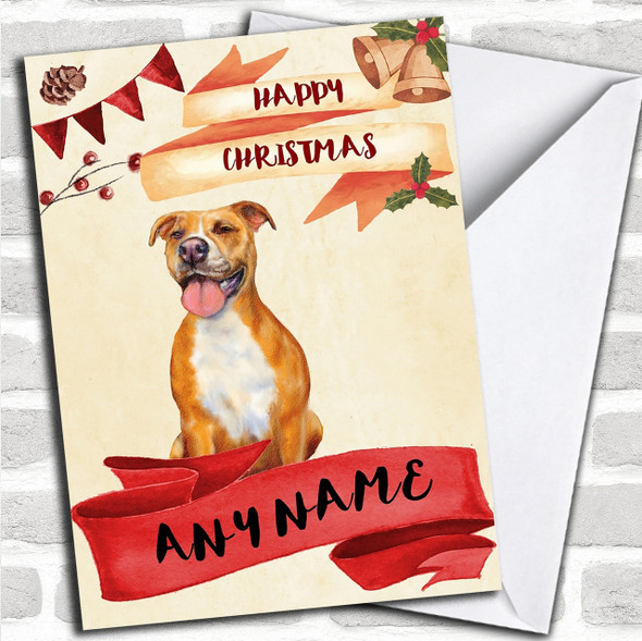 Watercolour Rustic Dog Pitbull Personalized Christmas Card