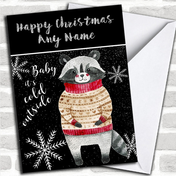 Cold Outside Snow Black Raccoon Personalized Childrens Christmas Card