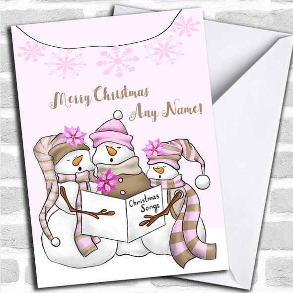 Pink Snowmen Carol Singing Personalized Childrens Christmas Card