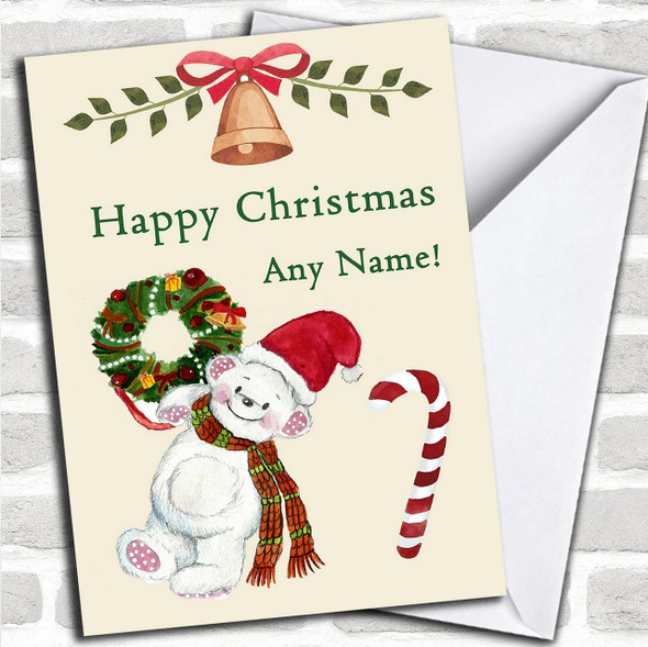 White Bear Wreath Personalized Childrens Christmas Card