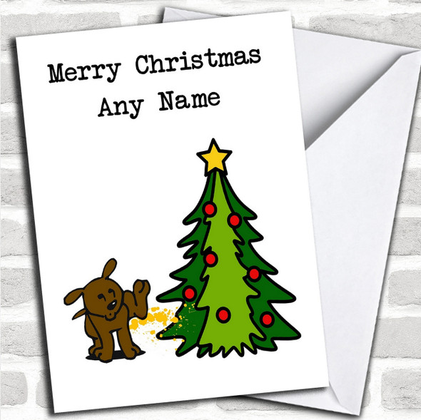 Funny Dog Peeing On Tree Personalized Christmas Card