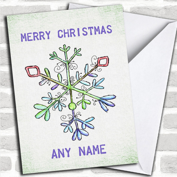 Lilac And Green Watercolour Snowflake Personalized Christmas Card