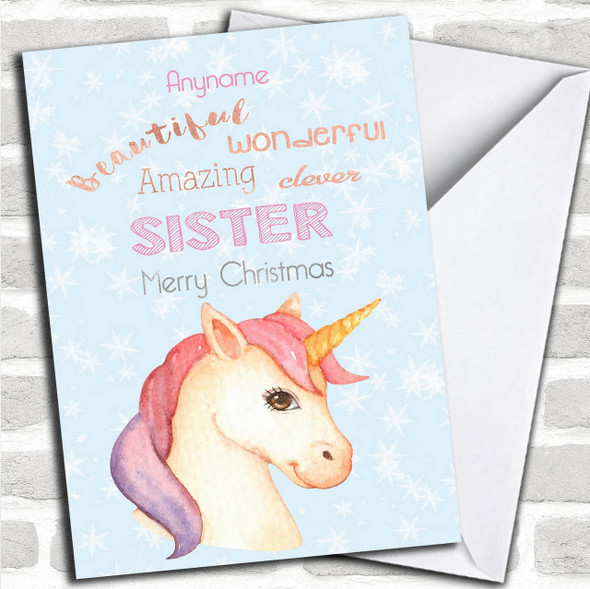 Sister Pretty Unicorn Personalized Christmas Card