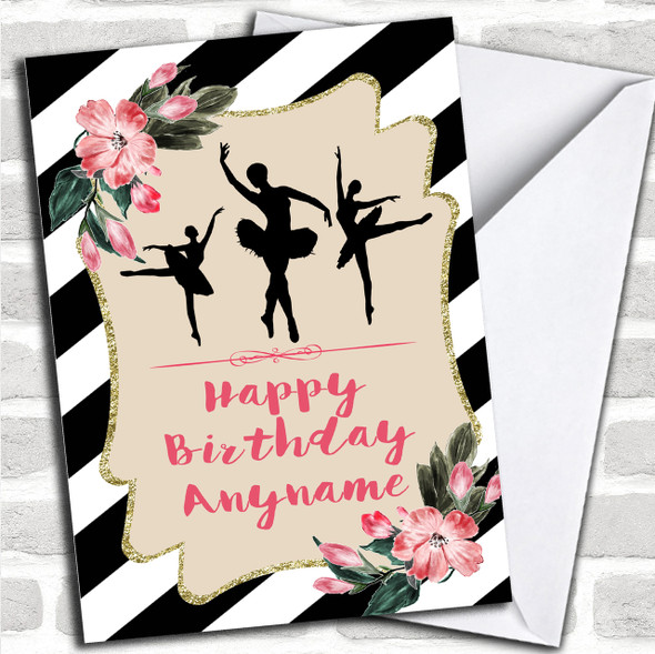 Stripes Gold Ballerina Pink Floral Children's Birthday Personalized Card