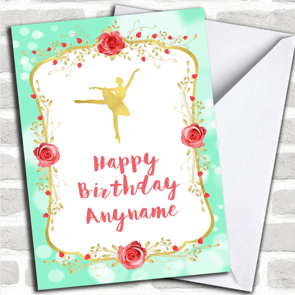 Green Gold Roses Ballerina Children's Birthday Personalized Card