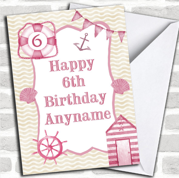 Nautical Beach Pink Girls Children's Birthday Personalized Card