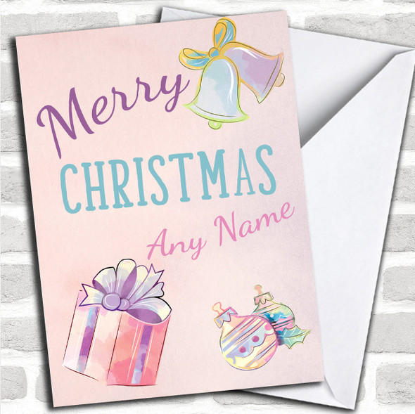 Cute Pastel Watercolour Present Bauble Christmas Personalized Card