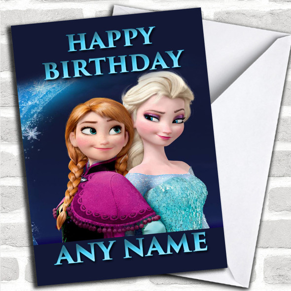 Blue Frozen Elsa And Anna Personalized Birthday Card