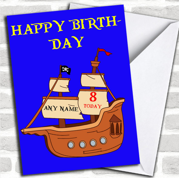 Blue Pirate Ship Cartoon Personalized Birthday Card