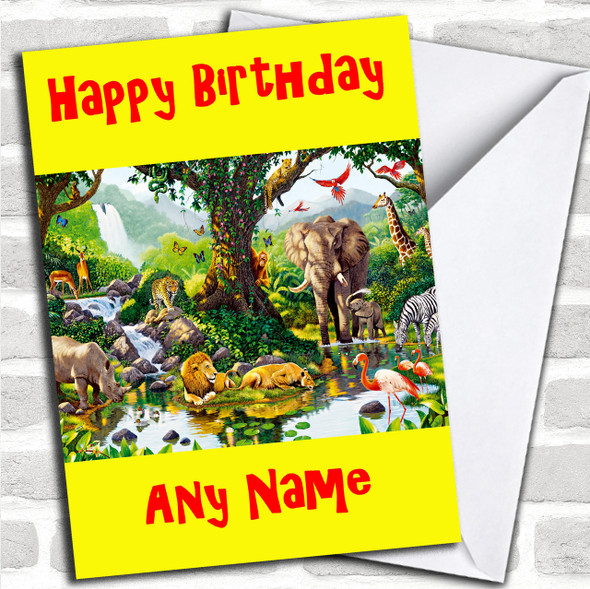 Yellow Jungle Animals Personalized Birthday Card