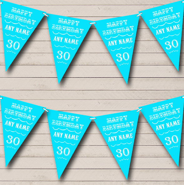 Vintage Text Any Age Birthday Aqua Blue Personalized Birthday Party Bunting Flag Banner