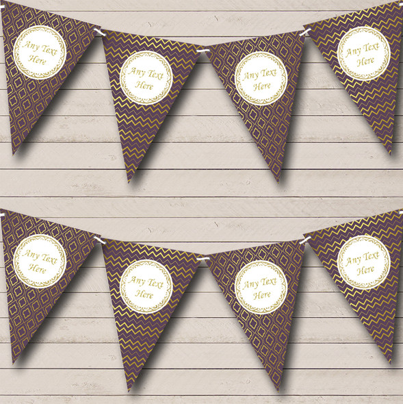 Plum Purple & Gold Quatrefoil Personalized Birthday Party Bunting Flag Banner