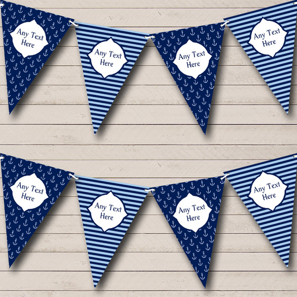 Navy Blue Nautical Sailing Anchor Stripes Personalized Birthday Party Bunting Flag Banner