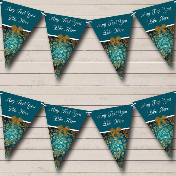 Gold And Turquoise Teal Shabby Chic Vintage Personalized Birthday Party Bunting Flag Banner
