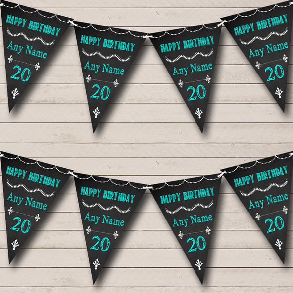 Chalkboard Style Black White & Aqua Turquoise Birthday Party Bunting Flag Banner