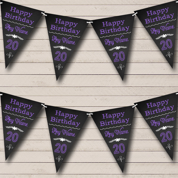 Chalkboard Look Black White & Purple Personalized Birthday Party Bunting Flag Banner