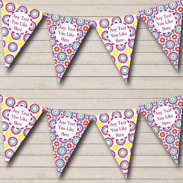 Bright Pink Yellow Blue Flower Personalized Birthday Party Bunting Flag Banner