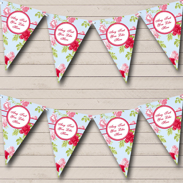 Bright Fuchsia Pink And Pale Blue Rose Personalized Birthday Party Bunting Flag Banner