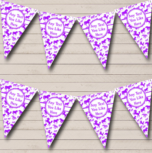 Purple & White Horses Personalized Children's Birthday Party Bunting Flag Banner